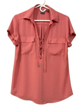 Soho Coral Lace-Up Pocket Short Sleeve Blouse